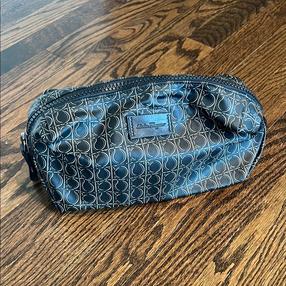 Salvatore Ferragamo Black and Tan Signature Patterned Cosmetic Bag